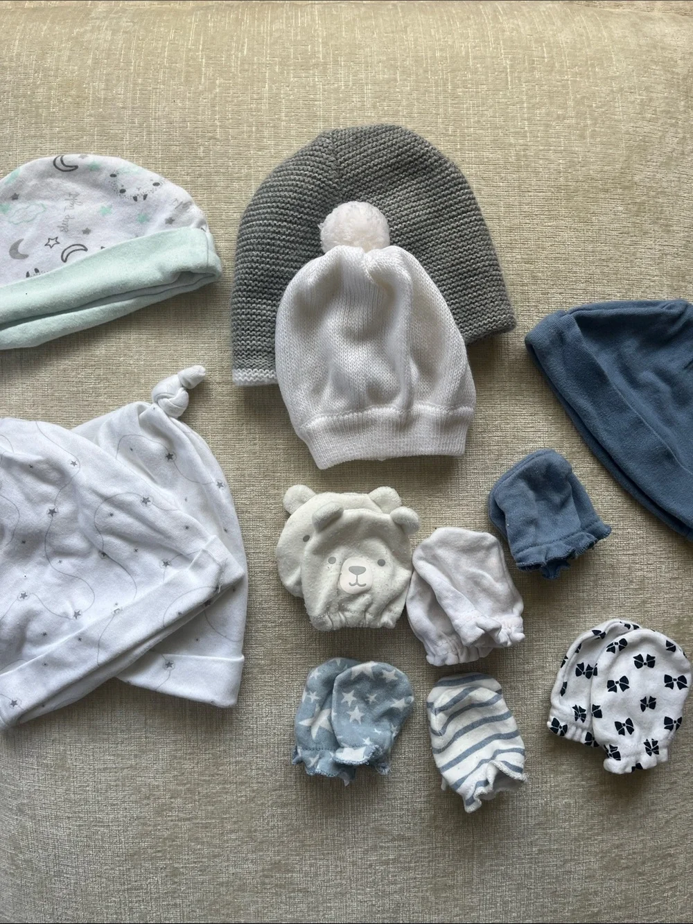 3 = $15 - Neutral Baby Hat and Mittens Set - White, Gray, Blue